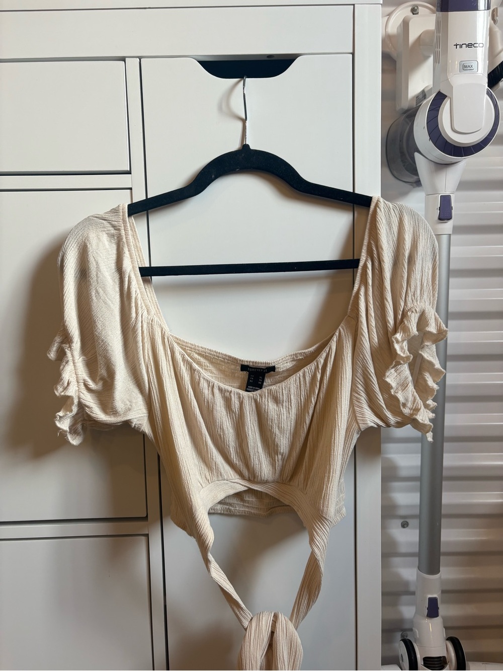 Forever 21 Cream Tie Crop Top with Ruffle Sleeves